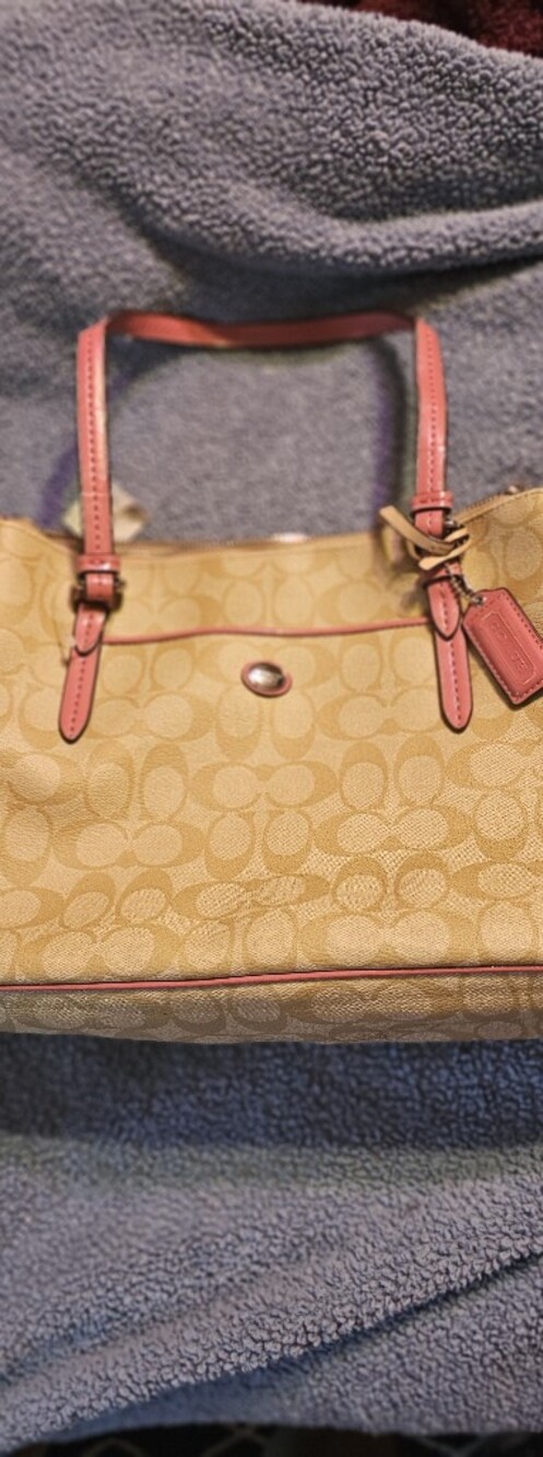 Coach Signature Tote in Khaki with Pink Trim